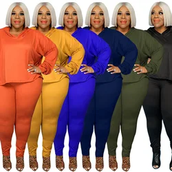 Custom 2021 Fall pure color stretch solid color fashion casual sweat pants and hoodie set plus size women clothing two piece set