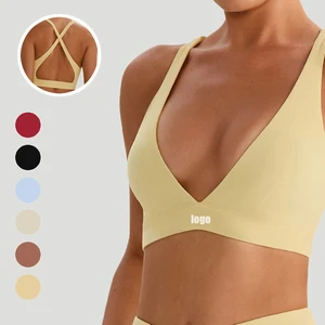 New Arrival Naked Built in Bra V Neck Cross Back Breathable Top Training Gym  Running Yoga Bra for Women