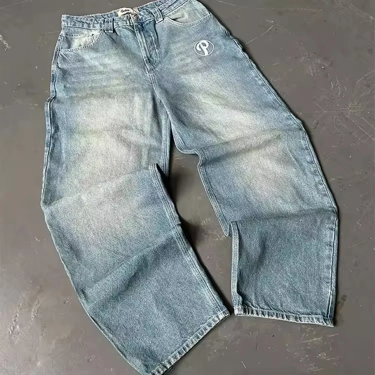 Customized High-end Letter Embroidered Patchwork Men's Jeans Straight Loose Pants Baggy Jeans Retro Washed Pants for Men gallery 7