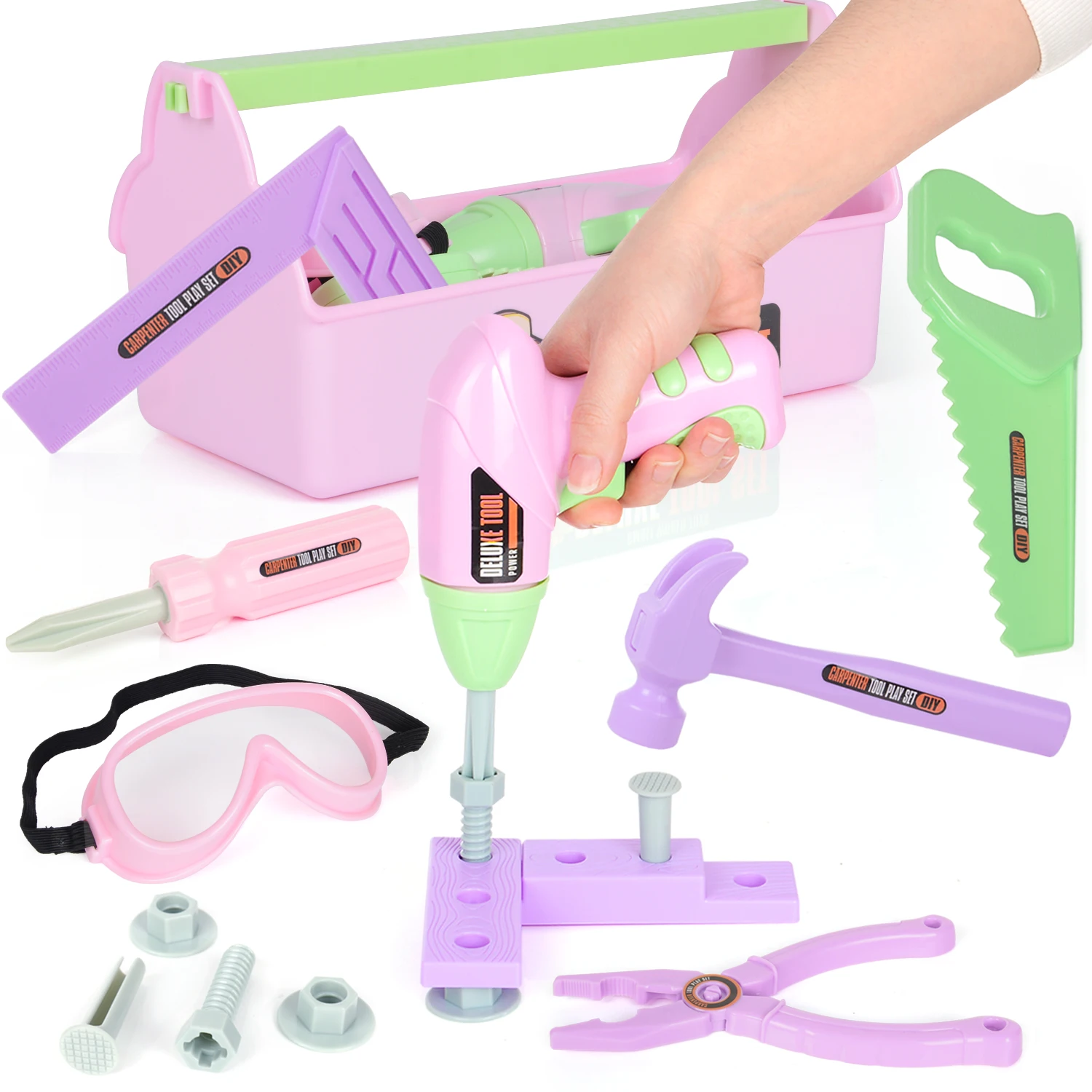 Pretend Play ​Preschool Toys for 3 4 5 6 Years Old Toddlers Kids Girls EXERCISENPLAY Kids Construction Tool Set Playset Pink 