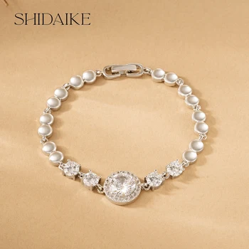 Trendy Ladies Brass Jewelry with Shiny Synthetic Cubic Zircon Ball Pattern Silver Plated Fashion Chain & Link Bracelets