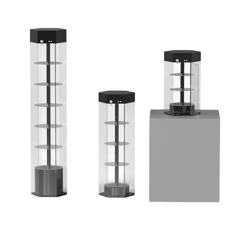 Custom Design Acrylic Hexagonal Rotating Jewelry Watch Display Showcase Cosmetics Jar Bottle Storage Floor Display Stand