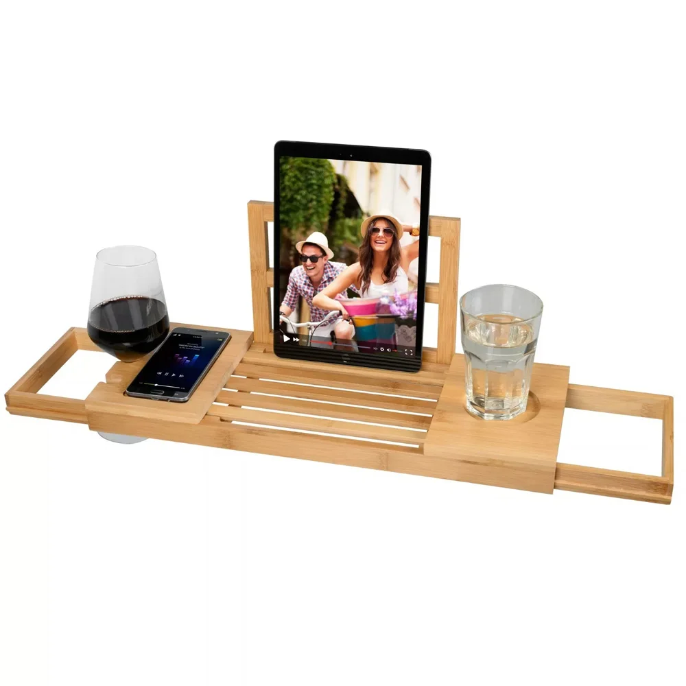 product bamboo bathtub caddy extendable bath tray with wine glass phone book holder luxury spa bathroom organizer for relaxing bath-8