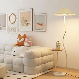 JACKSUN Minimalist Pleated Shade Sofa Fabric LED Floor Lamp Standing White Black Wood Lamp 1.6m for Living Room Bedroom