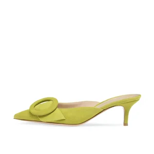 Pink Half Cut Green Kitten Heels Shoes With Buckle Strap Mules for Women Supplier