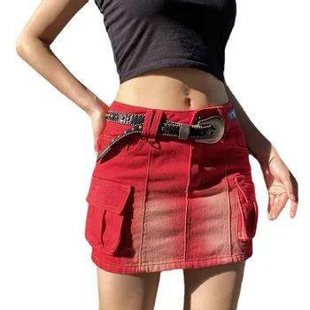 Ncsunrise Women Washed Red Tooling Pocket High Waist Hip Skirt Hot Girl Gradient Denim Skirt