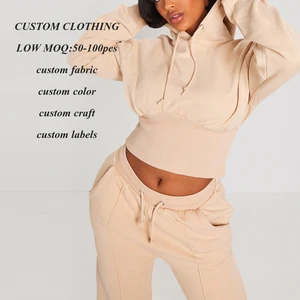 2026 Hot Selling Slim Fit Heavyweight Cotton Blank Hoodies Custom Solid Color Women Pullover Sexy Cropped Hoodie