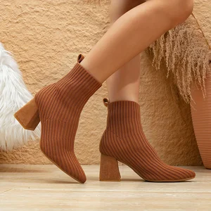 Sexy Knitted Stretch Square Toe Chunky Heels Sock Boot for Women