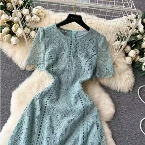 Women Summer High-End Elegant Maxi Dress Vintage Style Neck Ruffle Lace Natural Waistline Woven Eco-Friendly