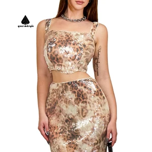Custom Plus Size Luxury Women's Clothing Sets Printed Sequin Crop Top Vest and Skirts 2 Piece Evening Party Sets