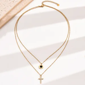 European American Niche Simple Cross Roman Numerals Diamond Stainless Steel Women's Sporty Pendant Necklace Vacuum