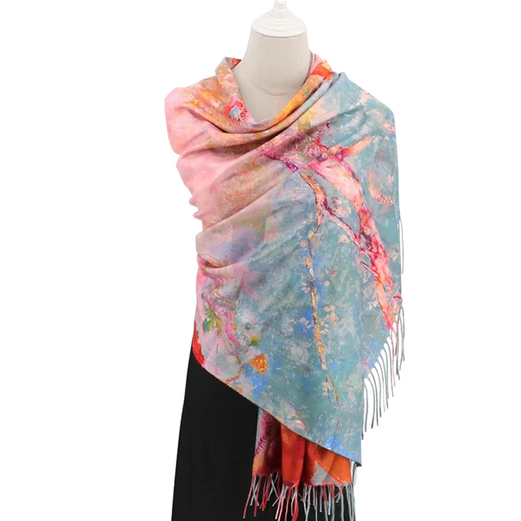 Reversible Winter Pashmina Scarf-Double-Sided Cashmere Feel Shawl Wrap Monet Van Gogh Art Printing Durable Windproof Women's