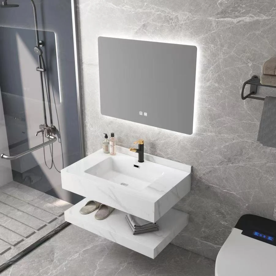 Double-layer wall hung rectangle lavabo luxury bathroom vanity sink white sintered stone cabinet hand wash basin details