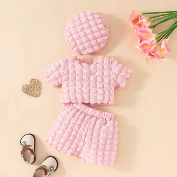 Fashion baby girl bubble fabric summer short-sleeved top + Shorts + Beret suit sweet short clothing