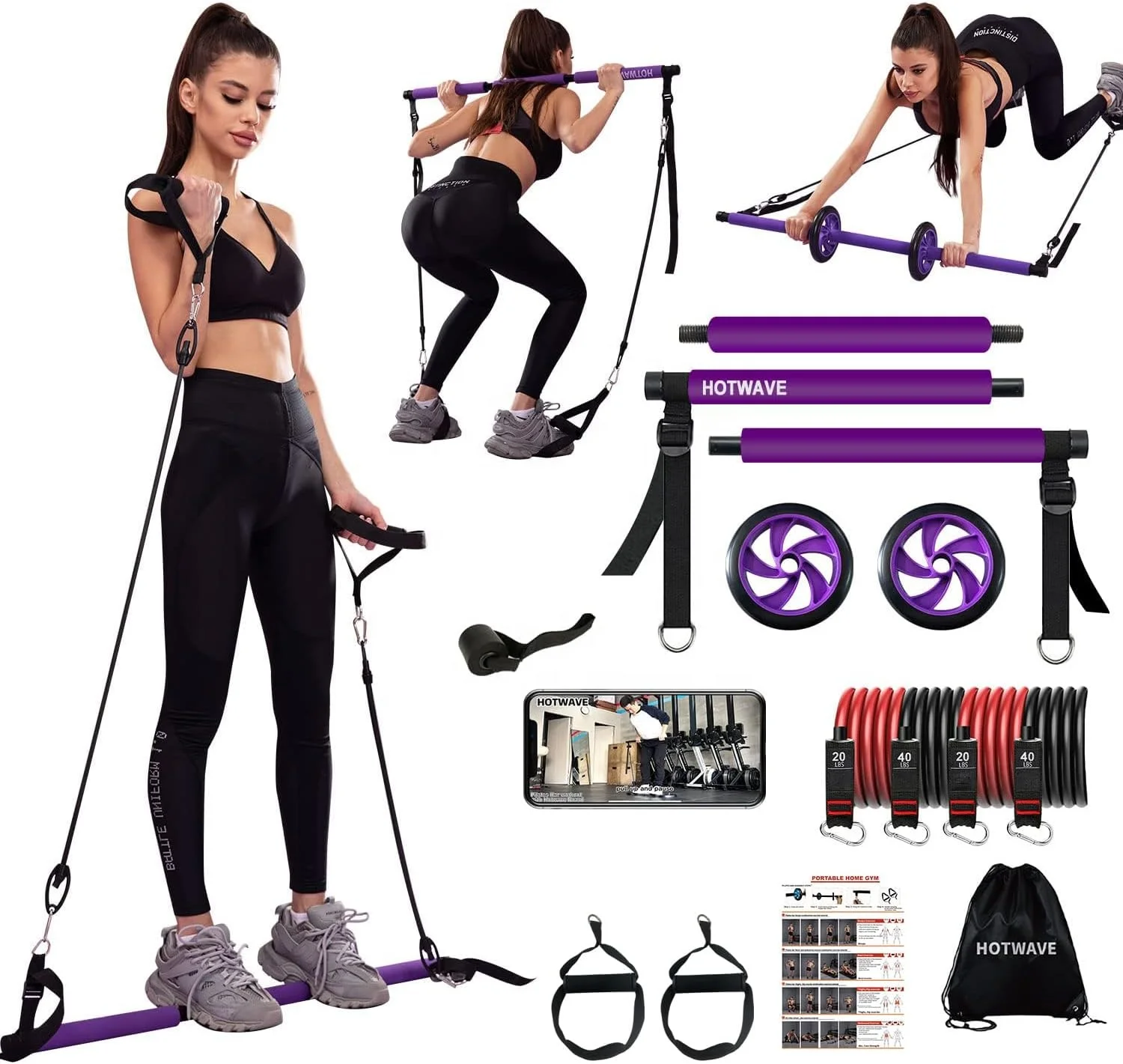L0036 OEM/ODM 3-section Portable Pilates Kit bar Adjustable Fitness Yoga Pilates bar Kit with Resistance Bands