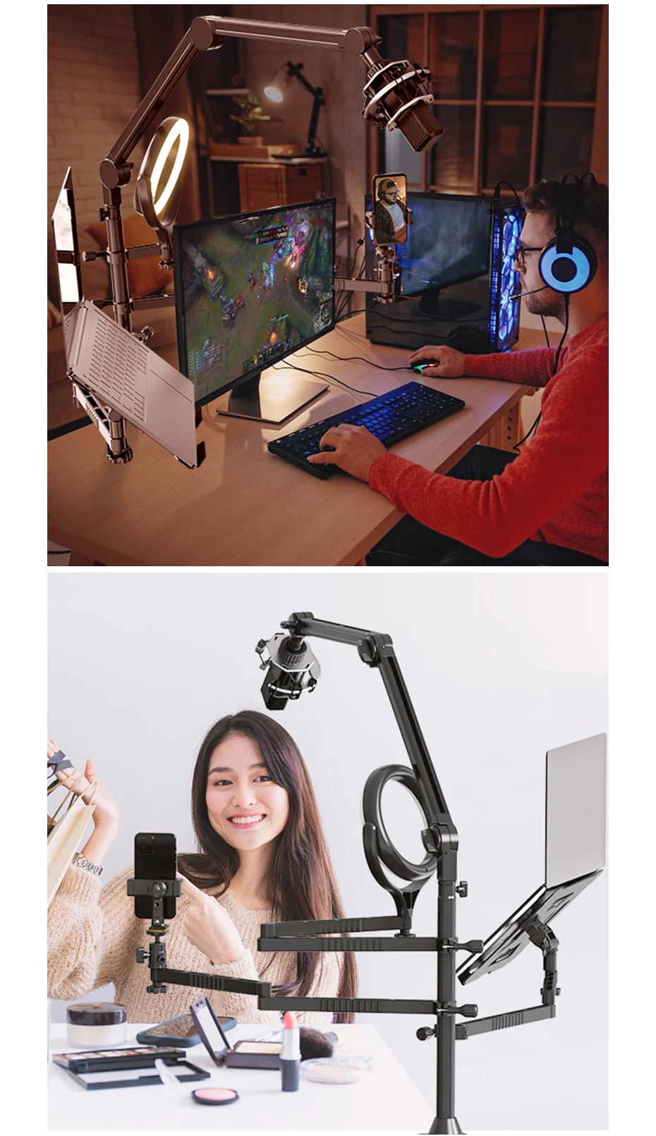 VIJIM LS21 Aluminum Multifunction Live Streaming Extendable Desk Stand Laptop DSLR Camera Microphone Holder Desktop Stand