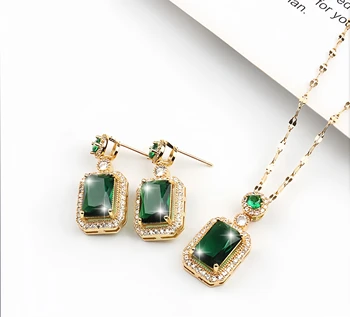 Vintage Luxury Emerald Crystal Zircon Pendant Necklace Dangle Earrings Diamond Ring Jewelry Set