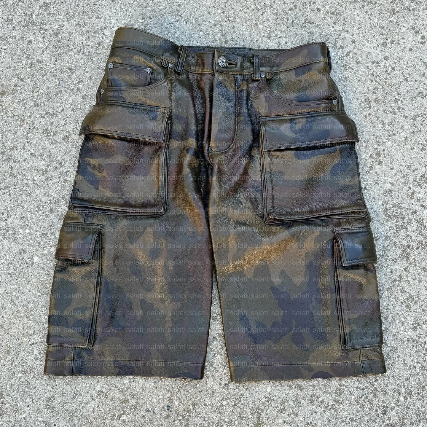Custom Wholesale Streetwear Summer Oversized Heavyweight Baggy Printed Distressed Pu Leather Camouflage Camo Cargo Short for Men