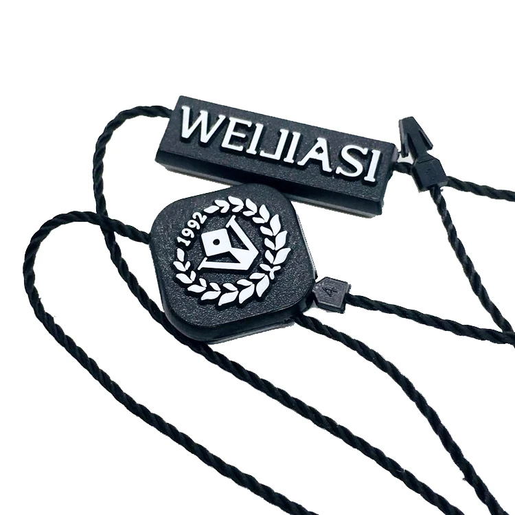 Custom 3D Embossed Name Logo Plastic Hang Seal Tag String for Clothing