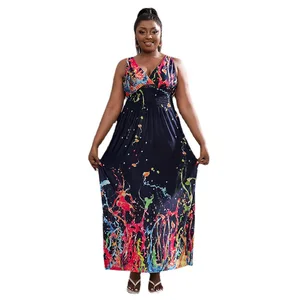 India Southeast Asia Hot Plus Size Maxi Fit and Flare Backless Deep V-neck Retro Print Spandex/Polyester Fat Women Dress Summer