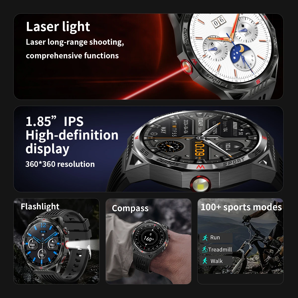 2024 New Laser Indicator Light NTC01 Smart Watch 100+ Sports Modes Health Monitoring Watch Compass LED Flashlight