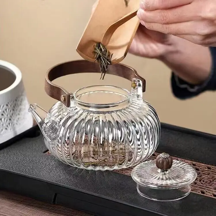 High Quality Heat Resistant Glass Teapot Flower Tea High Borosilicate Glass Teapot With Wood