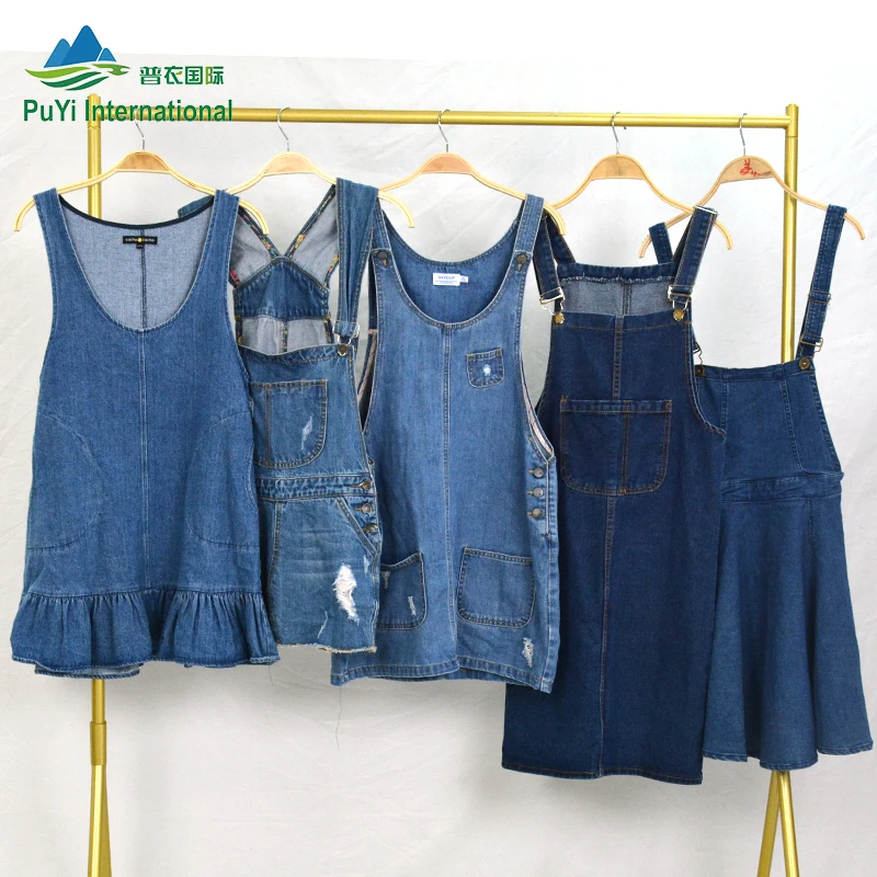 Girls High Waist Jeans Skirt Summer Blue Denim Suspender Skirt Used Clothes Bulk Second Hand