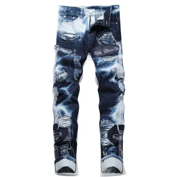 Men's Gothic Mid Waist 100% Cotton Denim Jeans Solid 3D Letter Colored Softener Fabric Embroidered Zippers Decoration for Spring