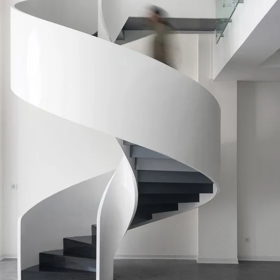 Five Star Hotel Arc Staircase Design Metal Curved Glass Wood Stairs