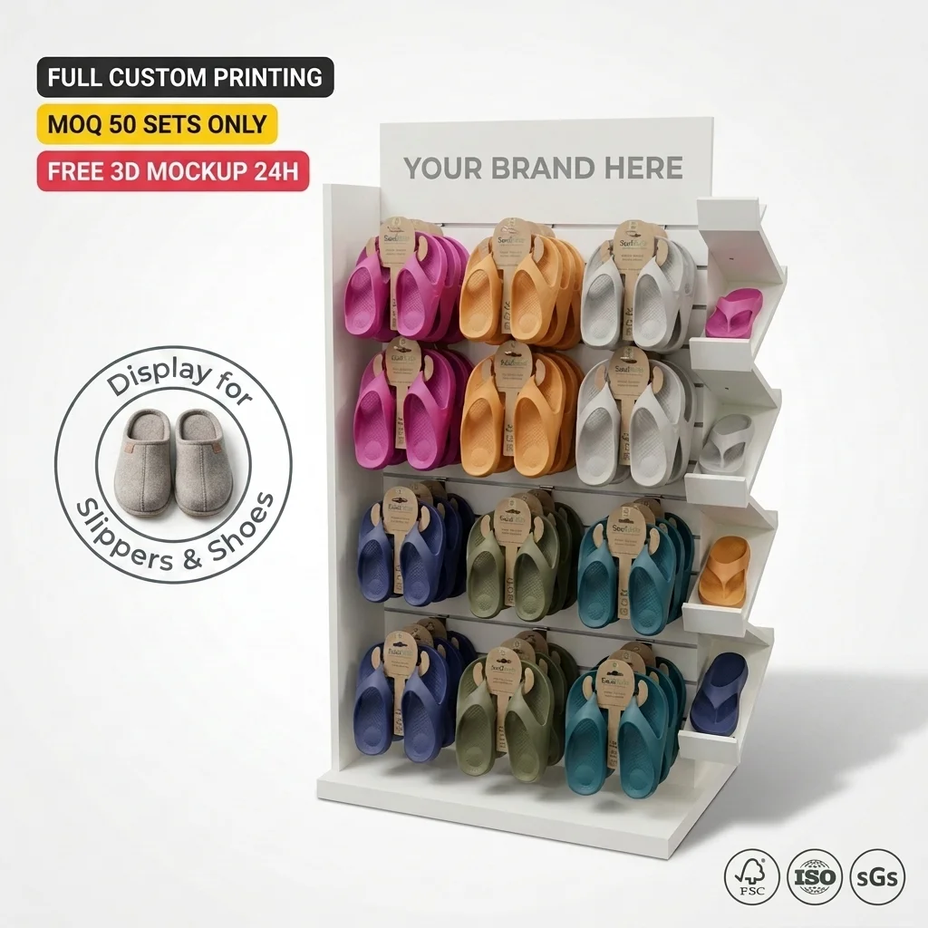 Wooden Floor Display Stand for Slippers/shoes/Boots Double-sided Display Racks with Hooks for Shoes Retail Supermarrket Shelves