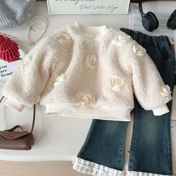 Girls' Pullover 2025 Winter Korean Style Floral Tie-Dye Baby Sweatshirt Fleece Long Sleeve Neck Warm Kids Hoodie