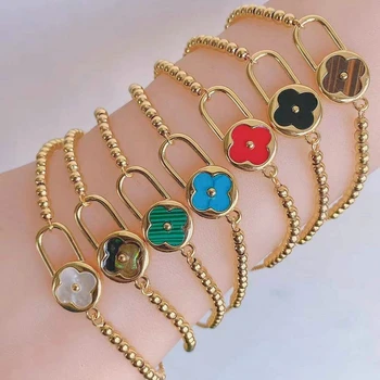 Ladies Jewelry Wholesale Yellow Brass Bracelet Malachite Shell Turquoise Round Bracelet