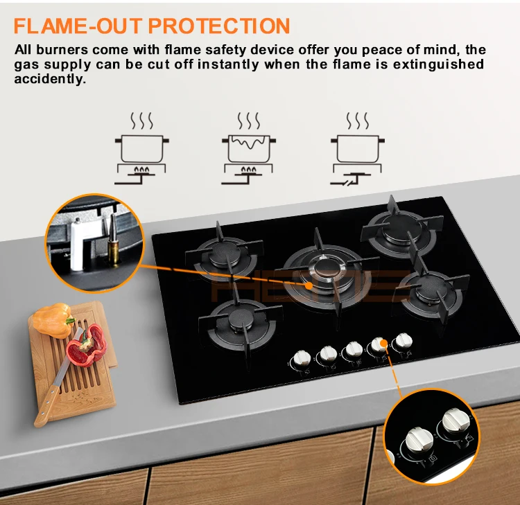 5 Burner Built In Gas Hob Glass Top Cooking Gas Cooktop With Ffd Euro