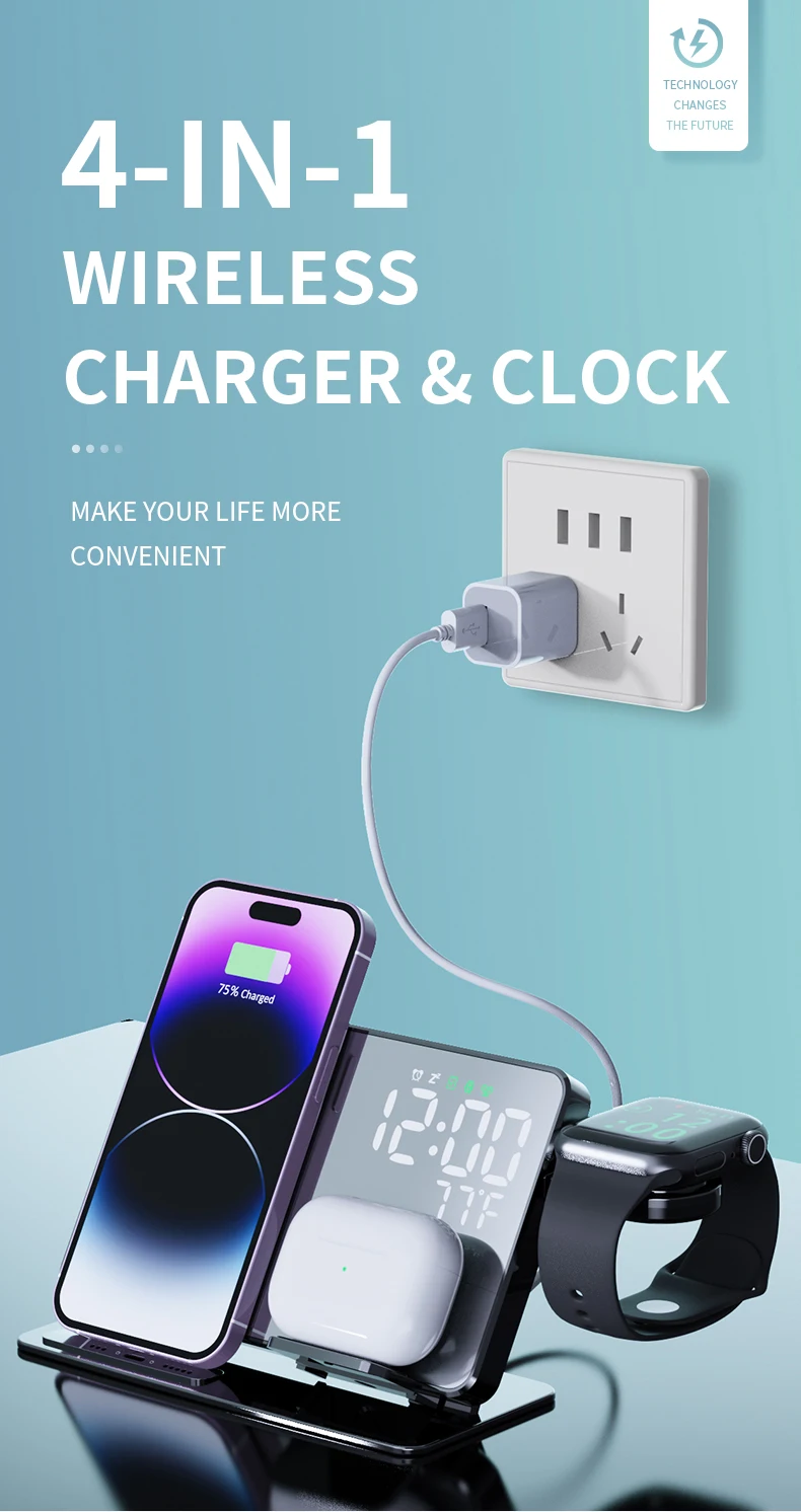 15W New Innovative Product Wireless Charger Clock LED Desktop Digital Alarm Clock Wireless Charger With Temperature