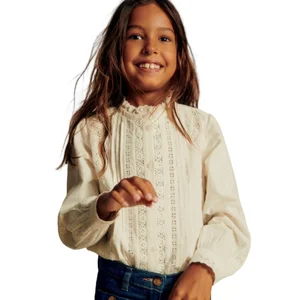 OEM and ODM Customized Kids White Long  Puffy Sleeves Lace Cuffs  Delicate Ruffled High Neckline Kids Top  Girl Shirt