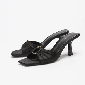 Women's Open-Toe High-Heeled Slippers with Letter Metal Buckle Pleated Soft High Top PU Design for Summer Outdoor Use