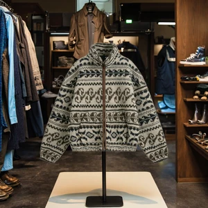 Men's Cardigan Ethnic-Style Jacquard Fleece Jacket Stand Collar Zipper Closure Casual Warm Wide Silhouette Design for Front