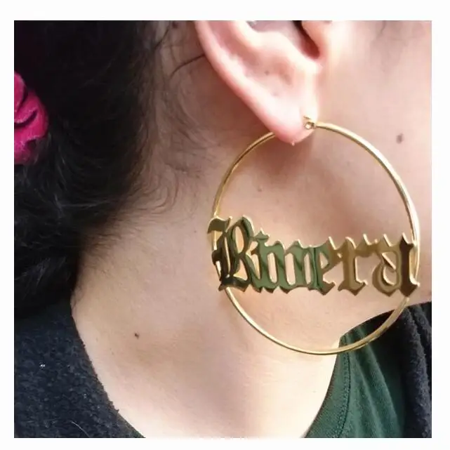 Stainless Steel Fashion Promotion Items Gift Custom Old English Font Name  Large Hoop Earrings Gothic Nameplate Earrings