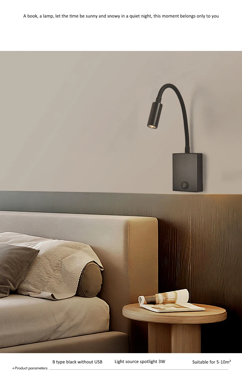 Small Led Bedside Wall Mounted Lamp Flexible Neck Gooseneck Book
