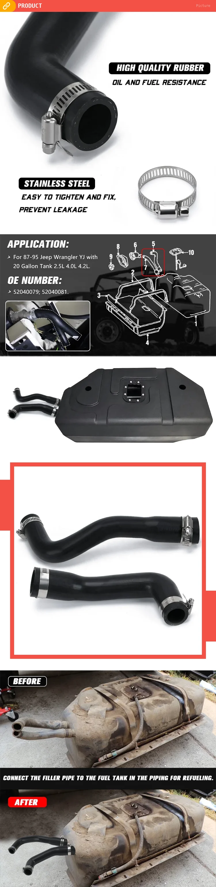 52040079 52040081 Fuel Filler And Vent Hose Kit For Jeep Wrangler YJ 1987-1995