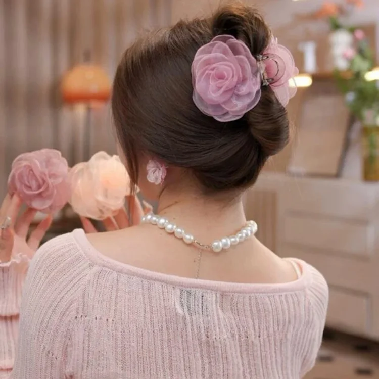 Super Fairy Gauze Flower Grab Jaw Clip Sweet Bubble Flower Hairclip Girls Ponytail Shark Clip Hair Claws