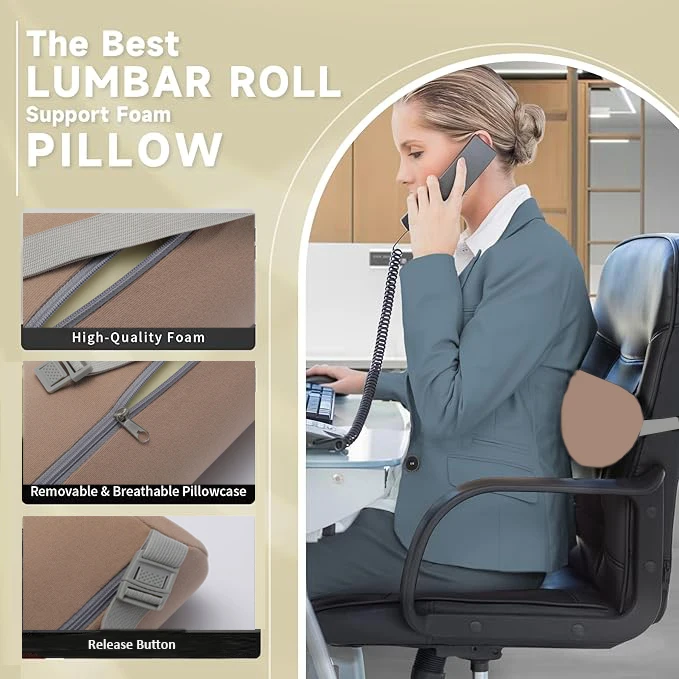 Cylindrical Khaki Wholesale Memory Foam Lumbar Roll Pillow Slow Rebound Car Neck Pillow Factory Price OEM Lumbar Support Pillow