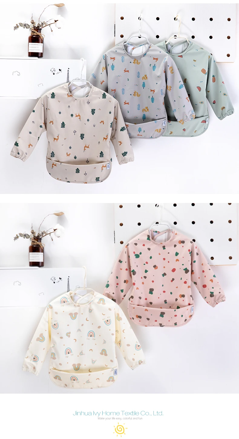 Baby PU Waterproof Bibs Infant Long Sleeve Drawing Apron Burp Cloths with Pocket Kids Feeding Bib Adjustable Baby Accessories manufacture