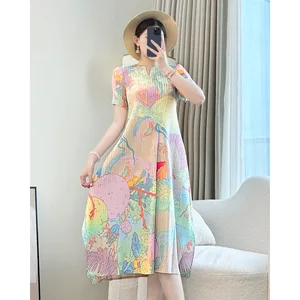 Miyake 2026 Women's Summer New Seaside Vacation Style Elegant Printed Age-Reducing Midi Dress Short-Sleeved Pleated Skirt