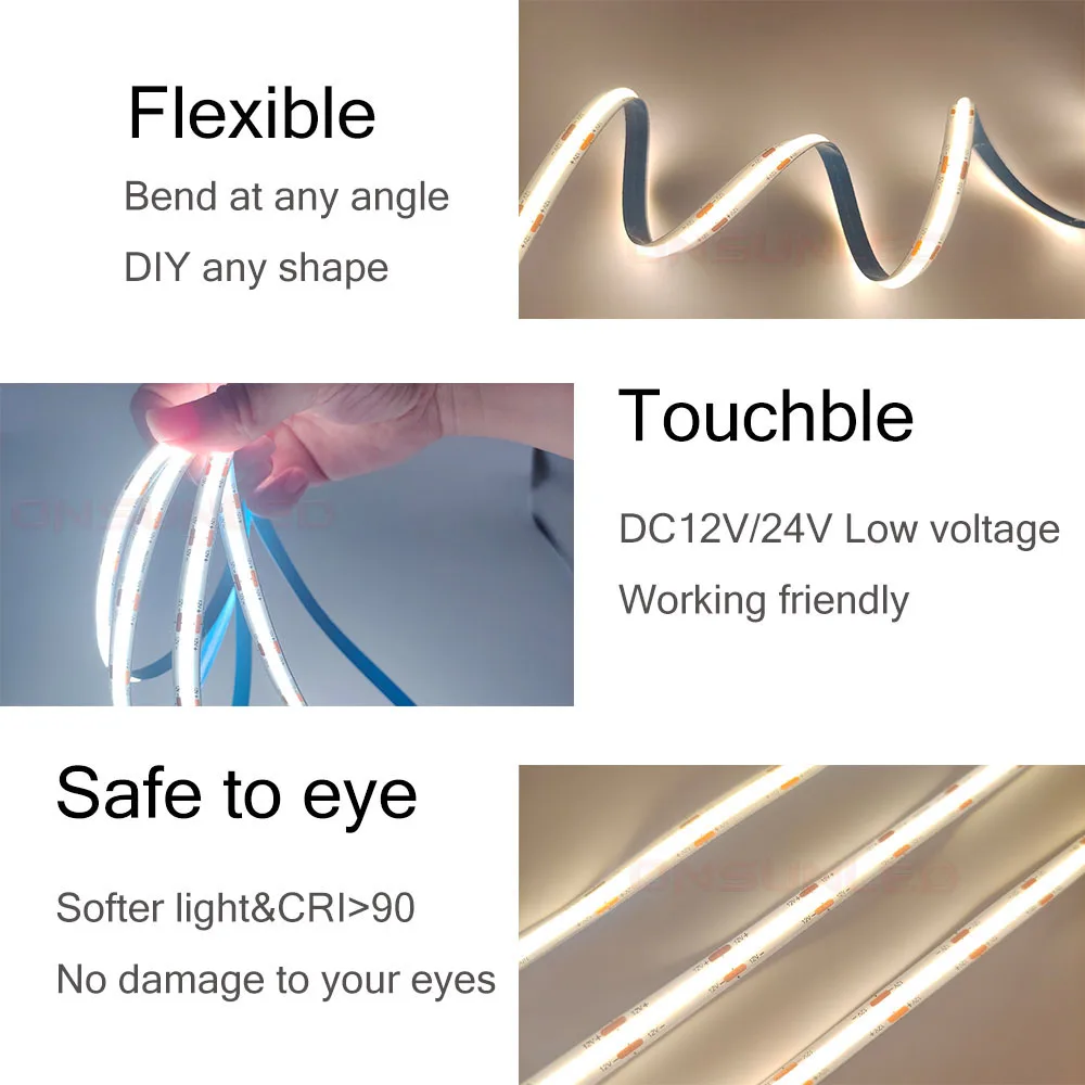 Гибкая светодиодная лента Cob 3 года гарантии 12 В белый 2700k/3000k/4000k/6000k Ra90 бесконтактная высокая плотность 24 cob