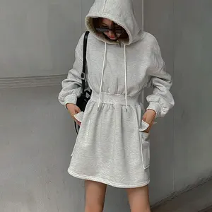 Huili 2025 High Quality Cotton Loungewear Spring Fall High Waist Outfits Custom logo Pocket Hooded Long Hoodie Dress for Women