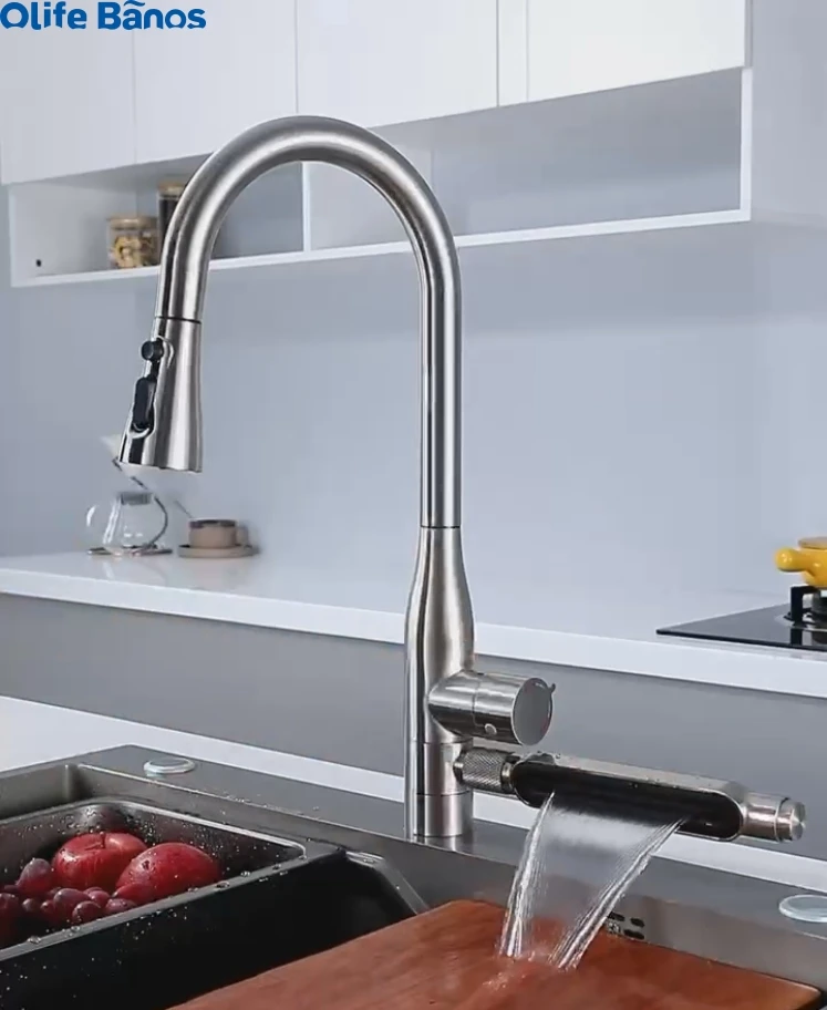 product high end all copper waterfall household pull hydraulic electrogenerating digital display revolving  kitchen  faucet tap684-21