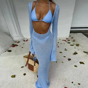 Three Piece Bikini Set 2026 Sexy Women Swimwear with Long Skirt and Long Sleeve Cover up Front Logo Breathable