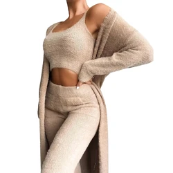Ladies Teddy Loungewear Set Womens 3 Piece Tracksuits Fleece Pyjamas Cardigan Solid Long Sleeve Running Clothes Sport Gym Suits