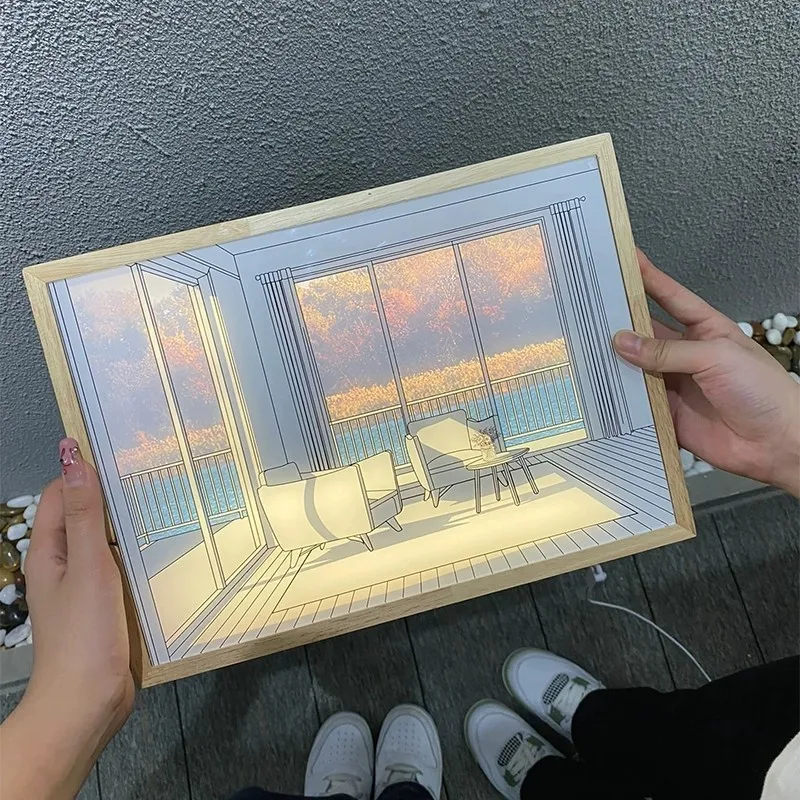 Wall Art Light Painting Night Light Usb Powered Dimming With Wooden